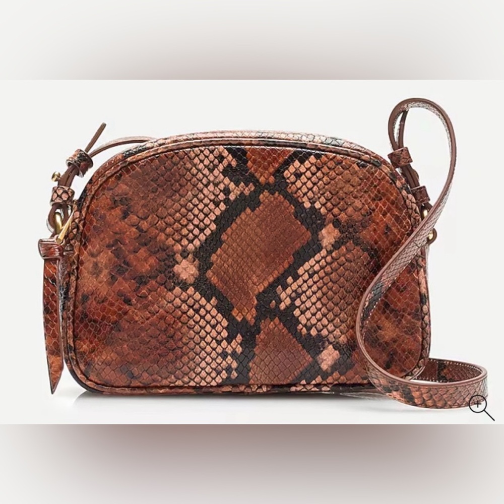 J Crew leather snakeskin brown cinnamon cross-body camera bag